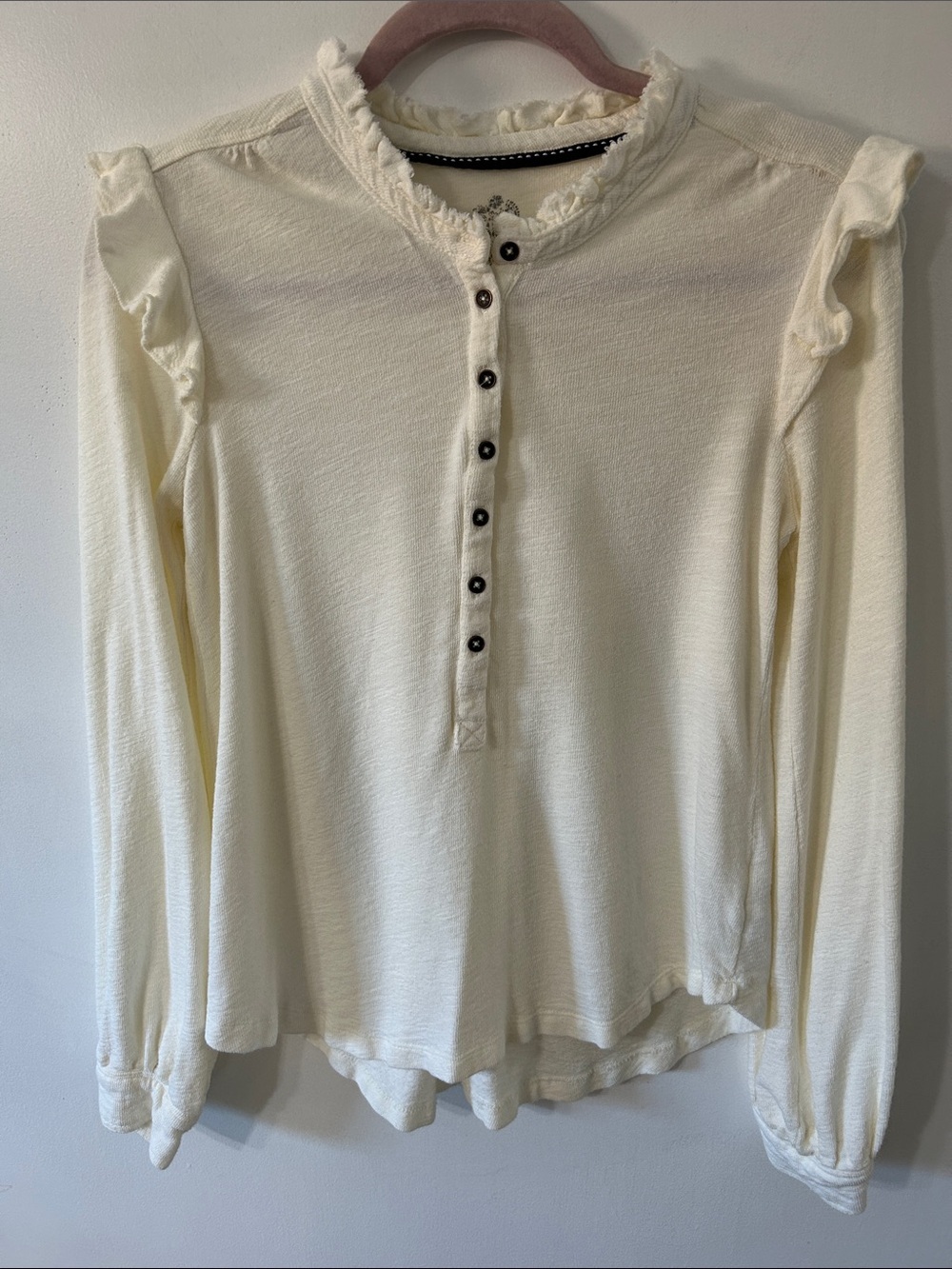 Pilcro by Anthropologie Ruffled Henley Long-Sleeve Top XS Cream Boho Feminine
